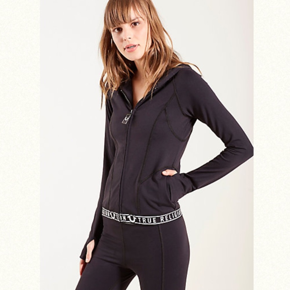 True Religion elastic logo hoodie in washed black